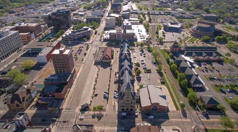 An aerial view of downtown Springfield looking east in April of 2017. TY GREENLEES/STAFF