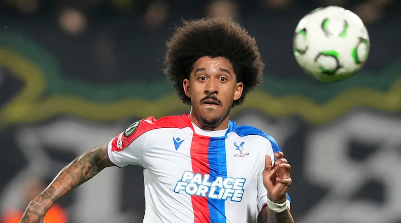 Crystal Palace's Chris Richards challenges for the ball during the Conference League round of 16 second leg soccer match between AEK Larnaca and Chrystal Palace in Larnaca, Cyprus, Thursday, March 19, 2026. (AP Photo/Petros Karadjias)