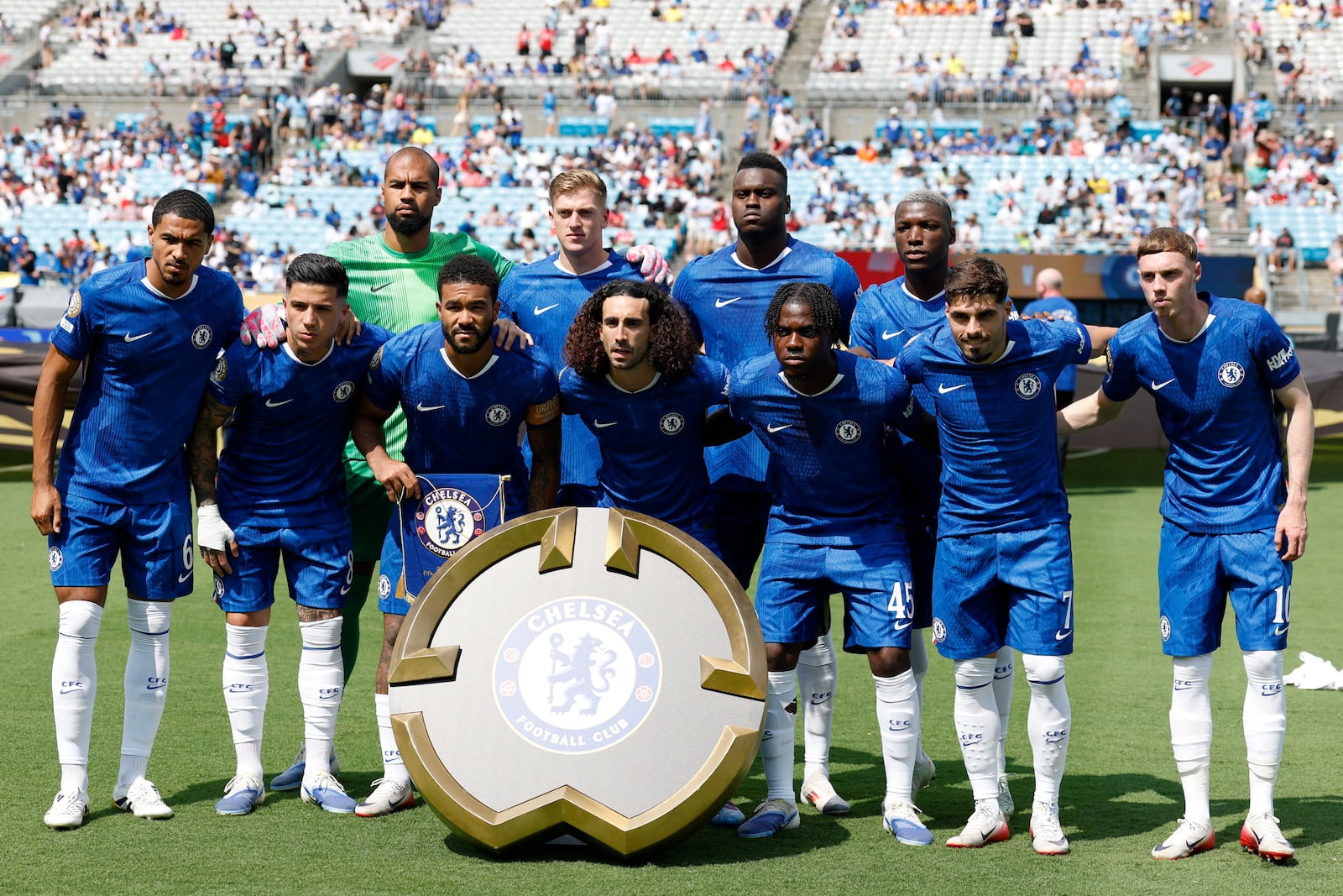 Chelsea's starting players pose for a team photo at the beginning of a Club World Cup round of 16 soccer match between Benfica and Chelsea in Charlotte, N.C., Saturday, June 28, 2025. (AP Photo/Nell Redmond)