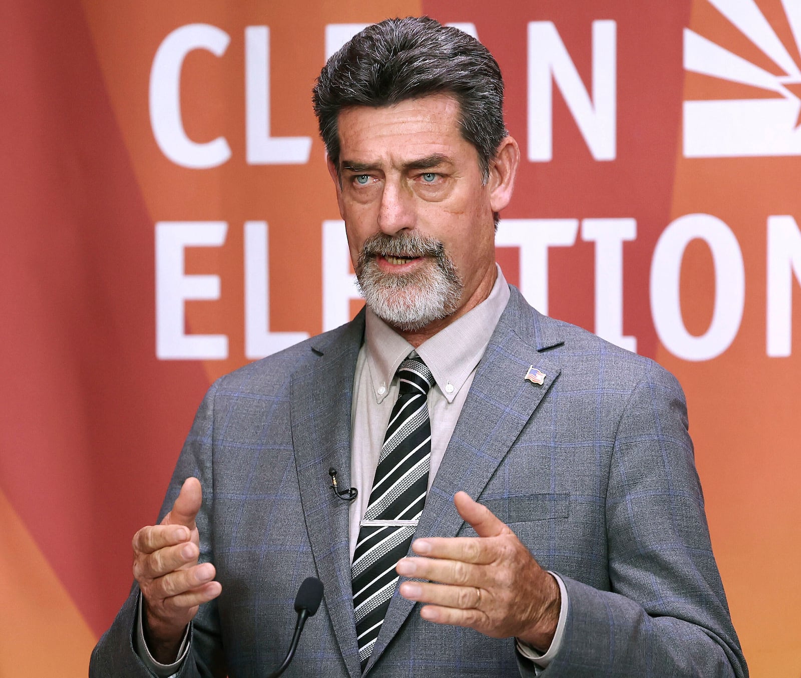 Candidate Daniel Butierez answers a question during the Republican primary debate inside the Arizona Public Media studio in Tucson, Ariz. on June 9, 2025. (Mamta Popat/Arizona Daily Star via AP)
