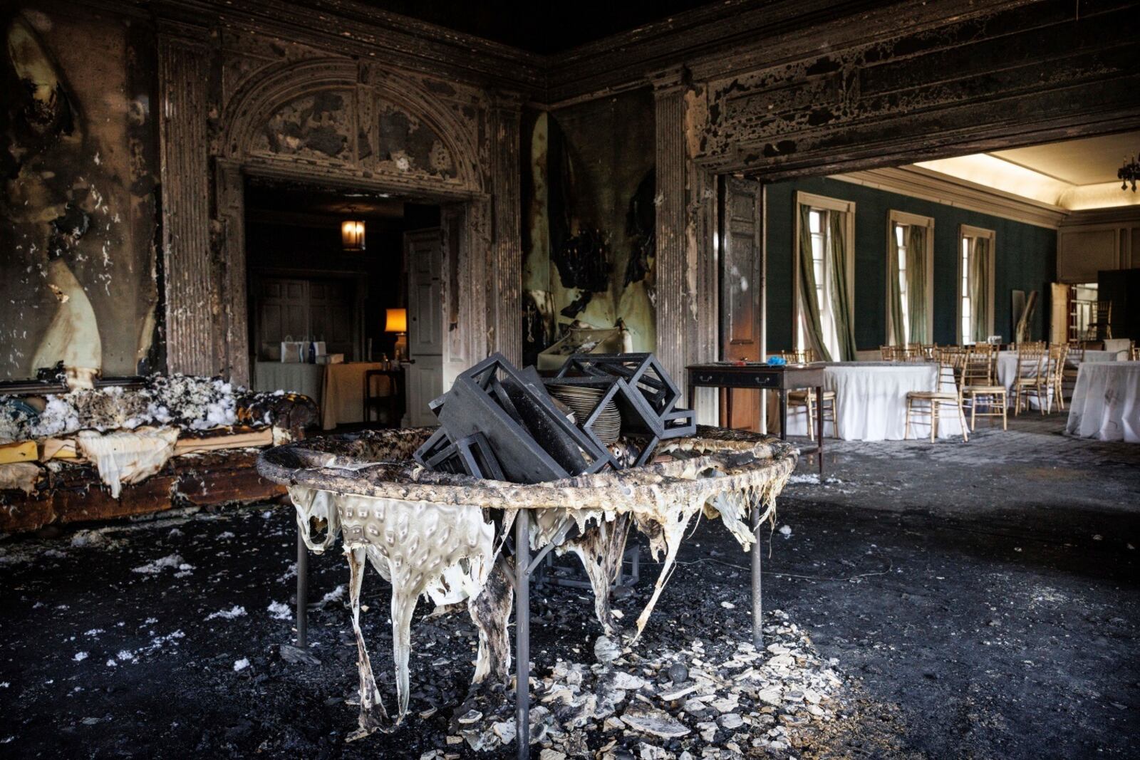 This image provided by Commonwealth Media Services shows damage after a fire at the Pennsylvania governor’s mansion while Democratic Gov. Josh Shapiro and his family slept inside on Sunday, April 13, 2025, in Harrisburg, Pa. (Commonwealth Media Services via AP)