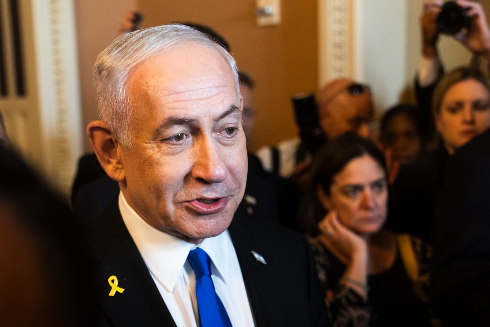 Israeli Prime Minister Benjamin Netanyahu, speaks to reporters before a meeting with lawmakers at the Capitol in Washington, Wednesday, July 9, 2025. (AP Photo/Manuel Balce Ceneta)
