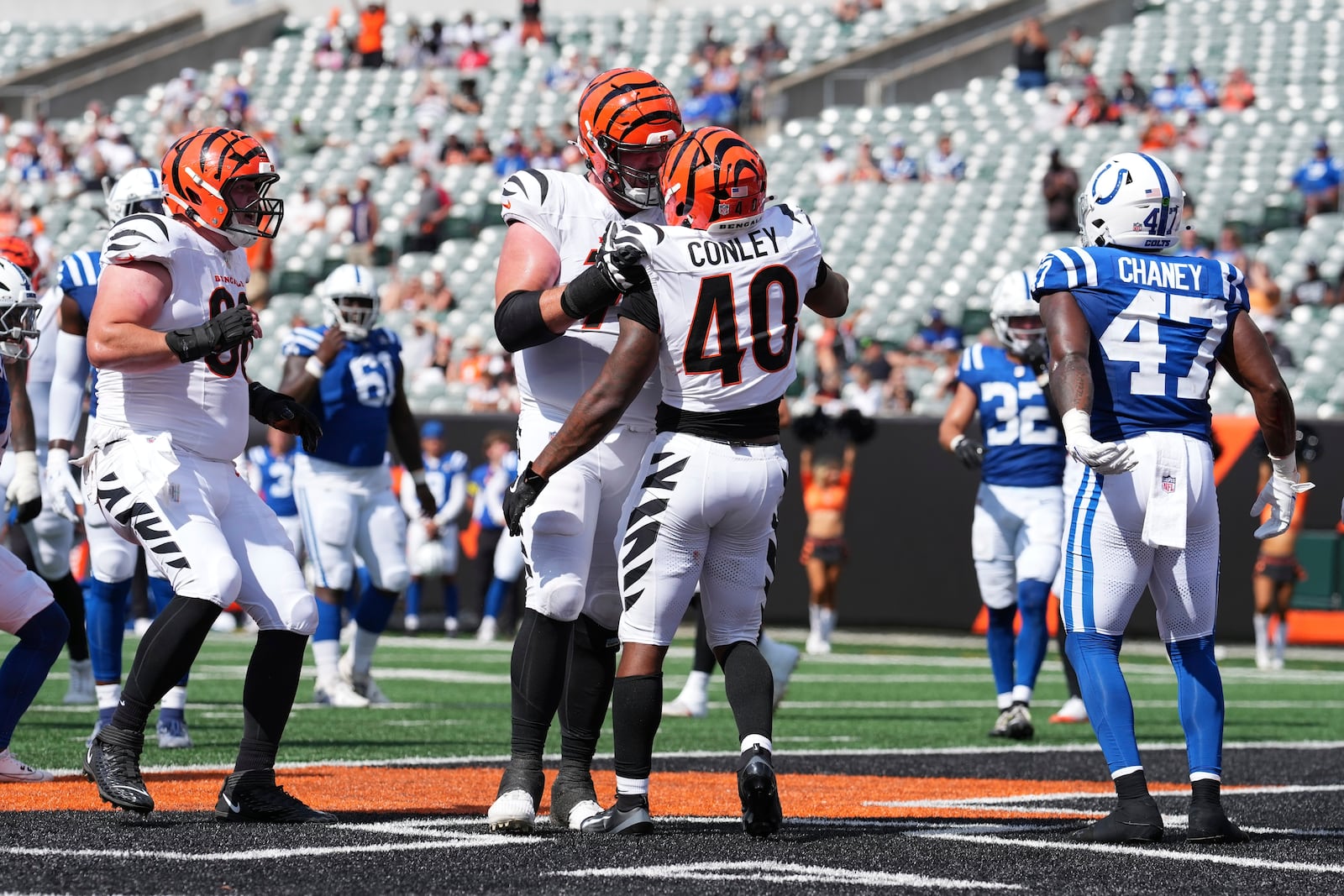 Cincinnati Bengals' Quali Conley (40) celebrates after scoring a touchdown during the second half of a preseason NFL football game against the Indianapolis Colts, Saturday, Aug. 23, 2025, in Cincinnati. (AP Photo/Jeff Dean)