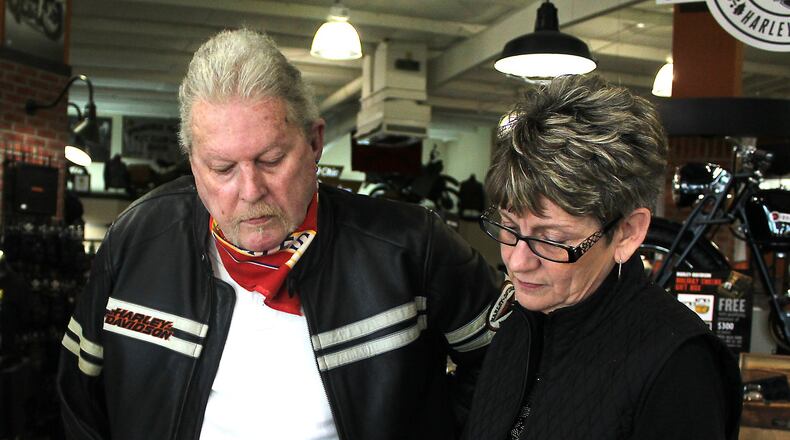 Mike Porter with “Operation Harpo Cause” and Kathy Cubbage are collecting names of service members stationed over seas to send care packages to this holiday season. JEFF GUERINI/STAFF