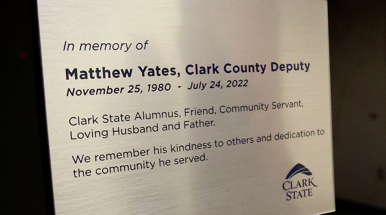 The plaque outside the training room dedicated to Clark County Sheriff's Deputy Matthew Yates Tuesday, June 20, 2023. BILL LACKEY/STAFF