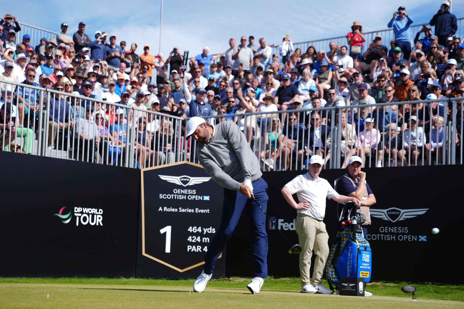 United States' Scottie Scheffler during day one of the Scottish Open 2025 at The Renaissance Club, in North Berwick, Scotland, Thursday, July 10, 2025. (Andrew Milligan/PA via AP)
