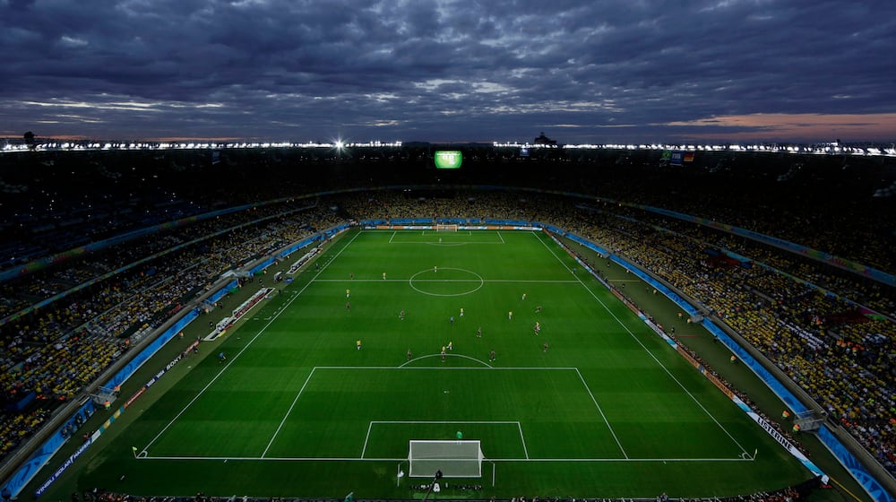 FILE - A view of the pitch during the World Cup semifinal soccer match between Brazil and Germany at the Mineirao Stadium in Belo Horizonte, Brazil, Tuesday, July 8, 2014. (AP Photo/Felipe Dana, File)