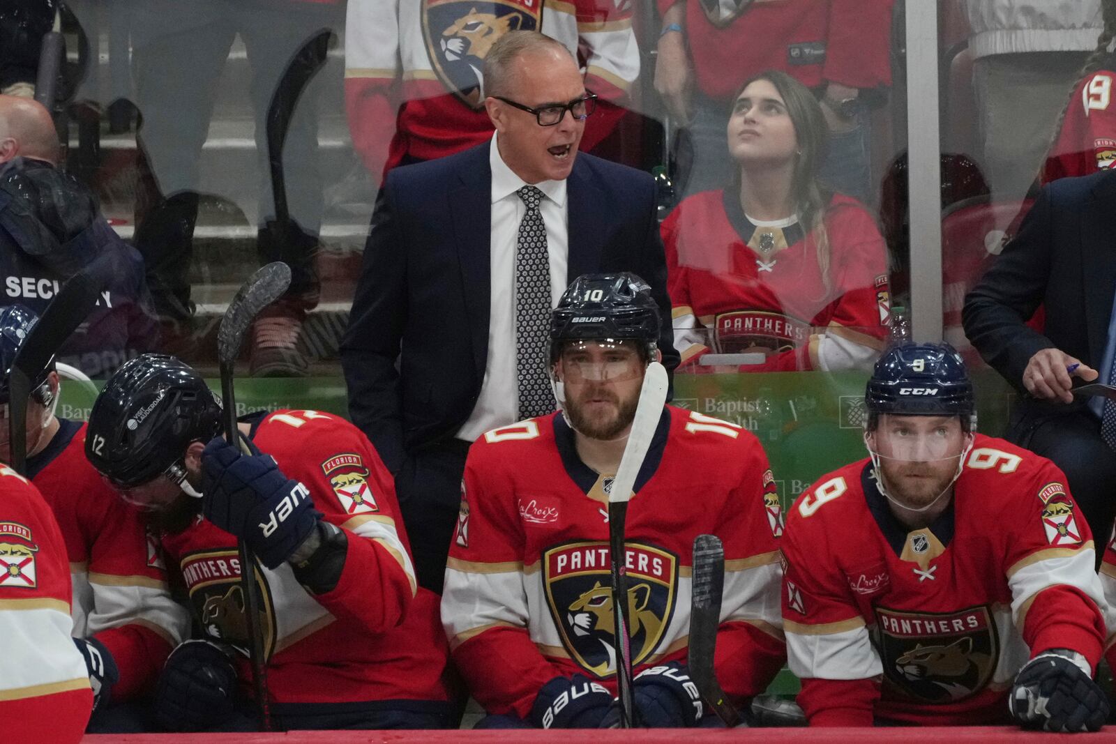 Florida Panthers head coach Paul Maurice gestures during the second period in Game 3 of a second-round NHL hockey playoff series against the Toronto Maple Leafs, Friday, May 9, 2025, in Sunrise, Fla. (AP Photo/Marta Lavandier)
