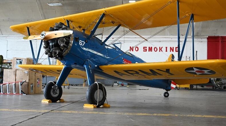 PT-17 Stearman (SN 41-25454) in the Restoration Hangar at the National Museum of the United States Air Force. (U.S. Air Force photo by Lisa M. Riley)