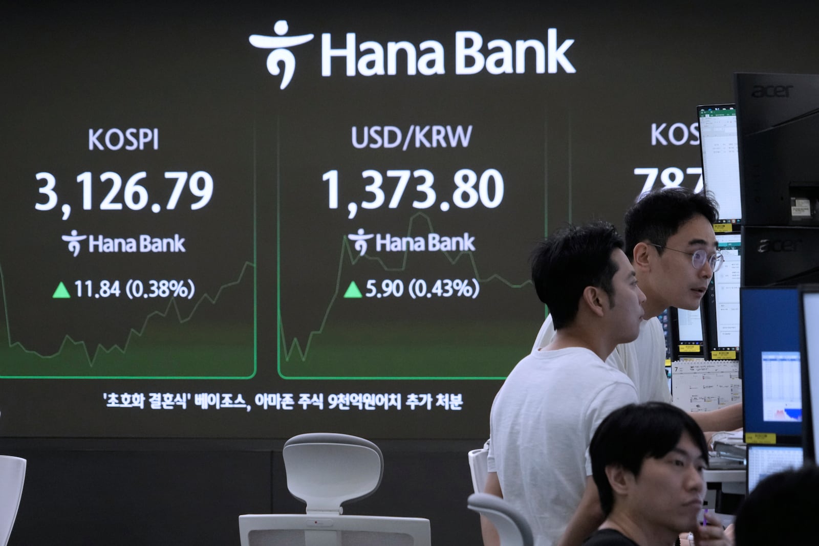 Currency traders watch monitors near a screen showing the Korea Composite Stock Price Index (KOSPI), top left, and the foreign exchange rate between U.S. dollar and South Korean won at the foreign exchange dealing room of the Hana Bank headquarters in Seoul, South Korea, Wednesday, July 9, 2025. (AP Photo/Ahn Young-joon)