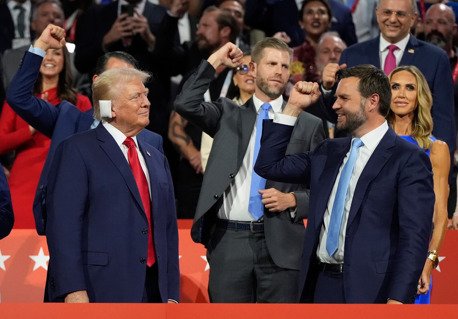 Republican presidential candidate former President Donald Trump appears with vice presidential candidate JD Vance, R-Ohio, during the Republican National Convention, Monday, July 15, 2024, in Milwaukee. (AP Photo/Julia Nikhinson)