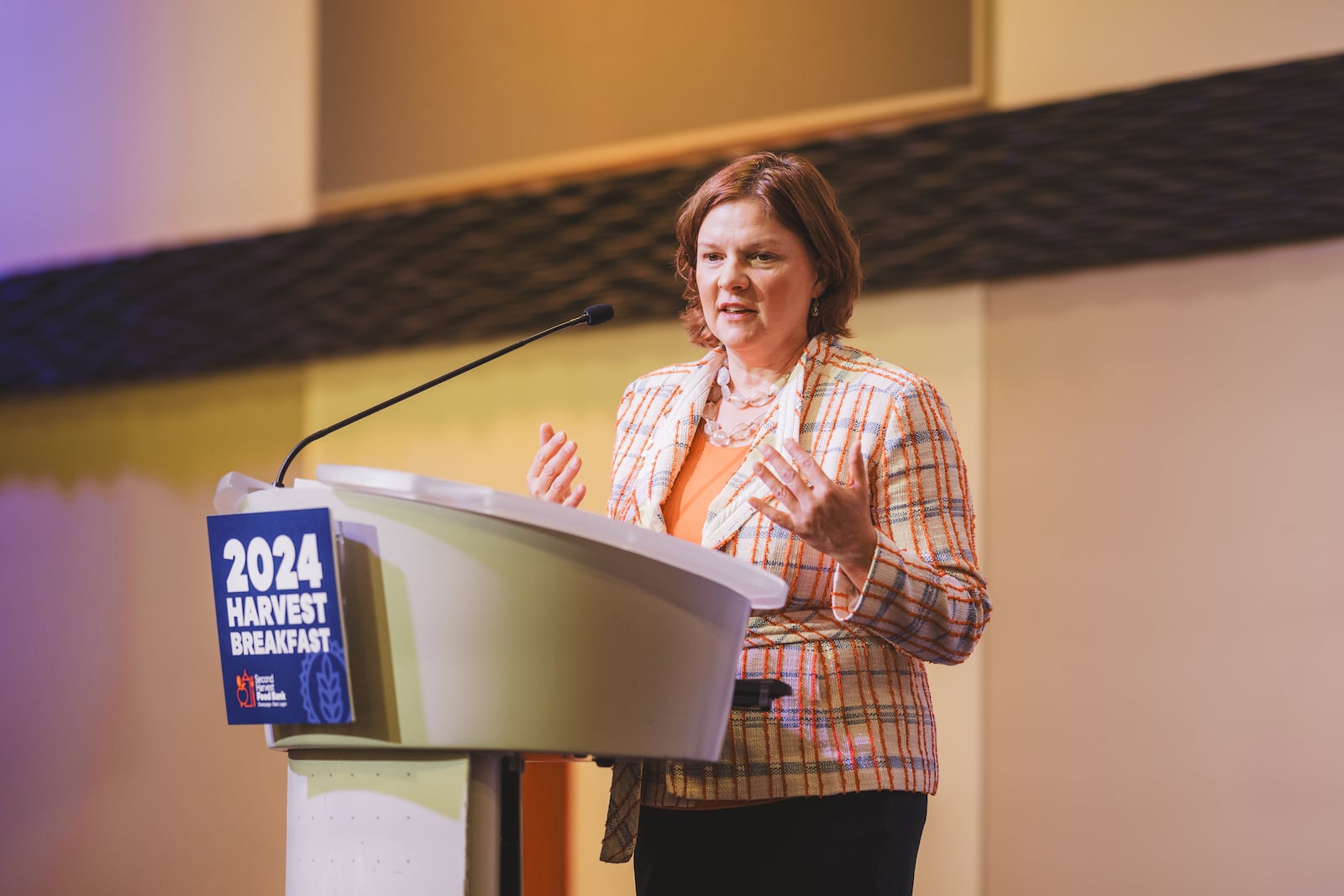 Erika Thiem, Feeding America’s Chief Supply Chain Officer speaks during the 2024 Harvest Breakfast. Contributed/Photo byy Sarah Babcock
