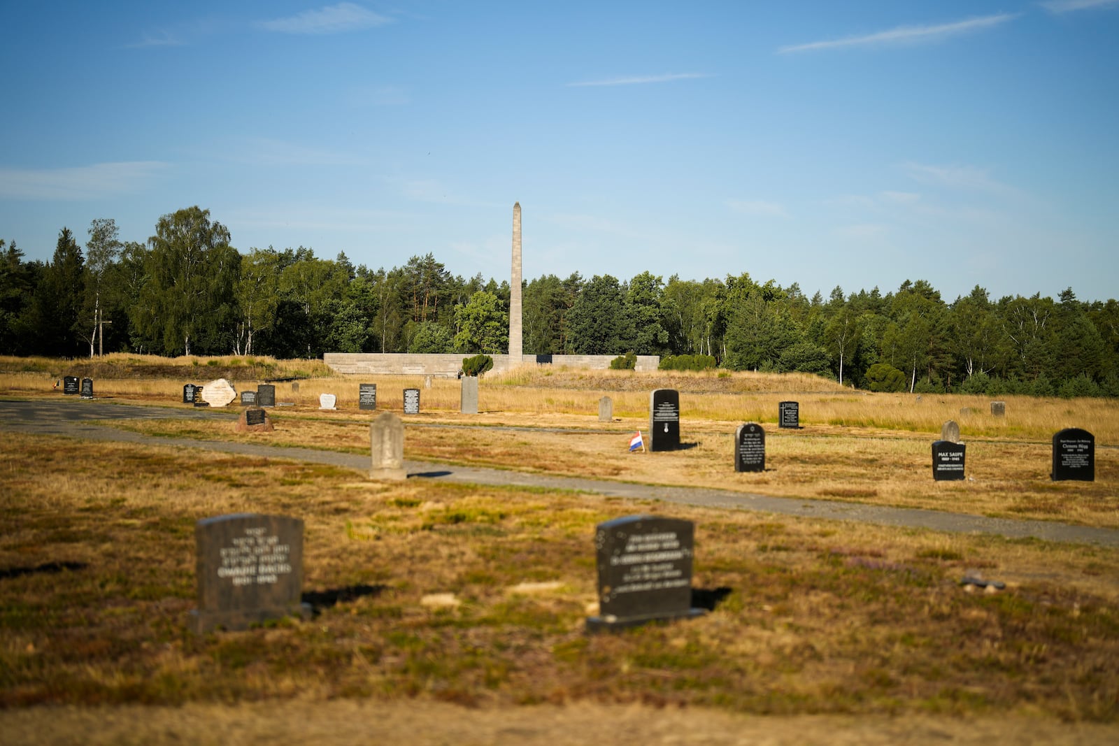FILE — The sun lights memorial stones at the former Nazi concentration camp Bergen-Belsen in Bergen, Germany, Saturday, Sept. 3, 2022. (AP Photo/Markus Schreiber, File)