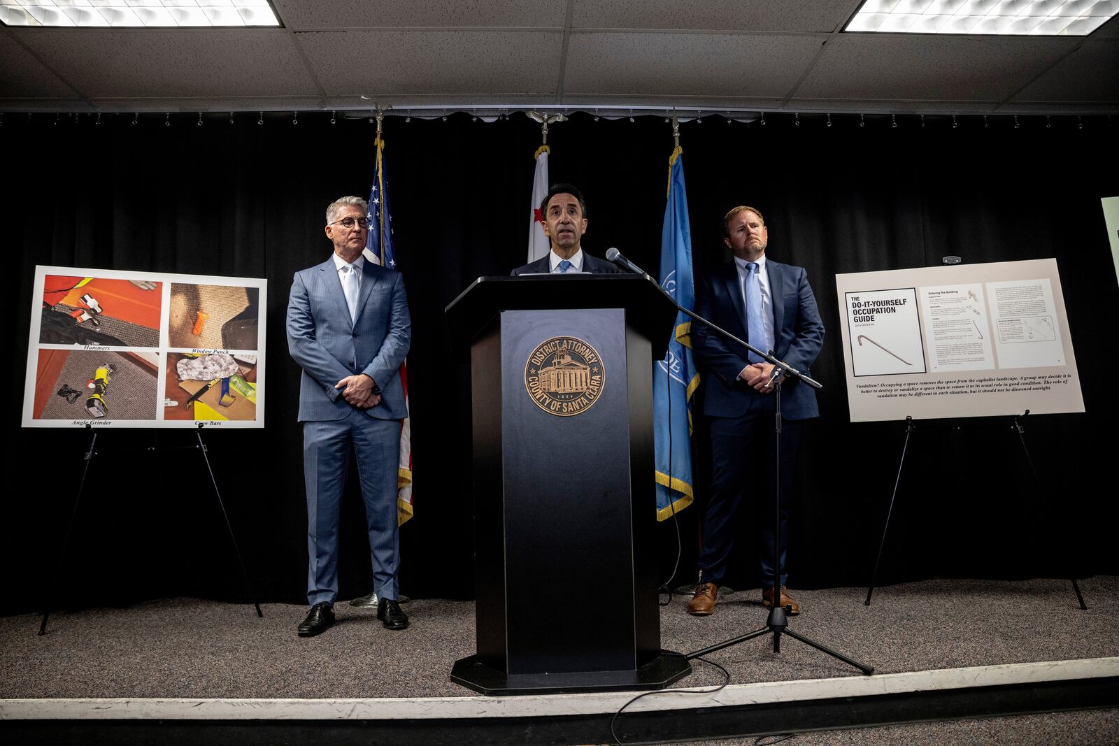 Santa Clara District Attorney Jeff Rosen speaks during a charge announcement for the pro-Palestinian protesters break-in and vandalism at Stanford University, in San Jose, Calif., Thursday, April 10, 2025. (Stephen Lam/San Francisco Chronicle via AP)
