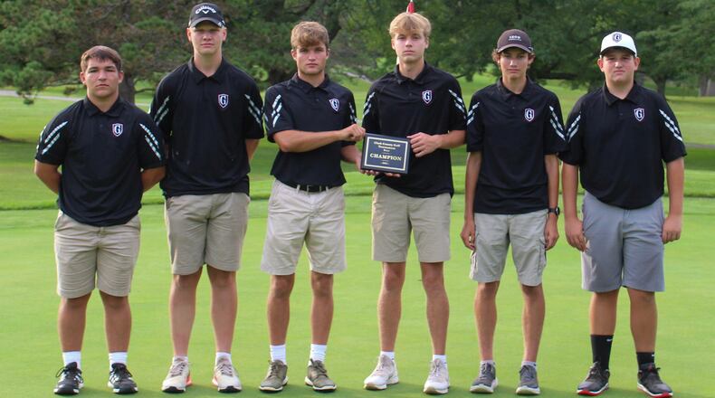 Cutline: The Greenon High School boys golf team poses for a photo with the trophy after winning the Clark County Tournament earlier this season. CONTRIBUTED PHOTO