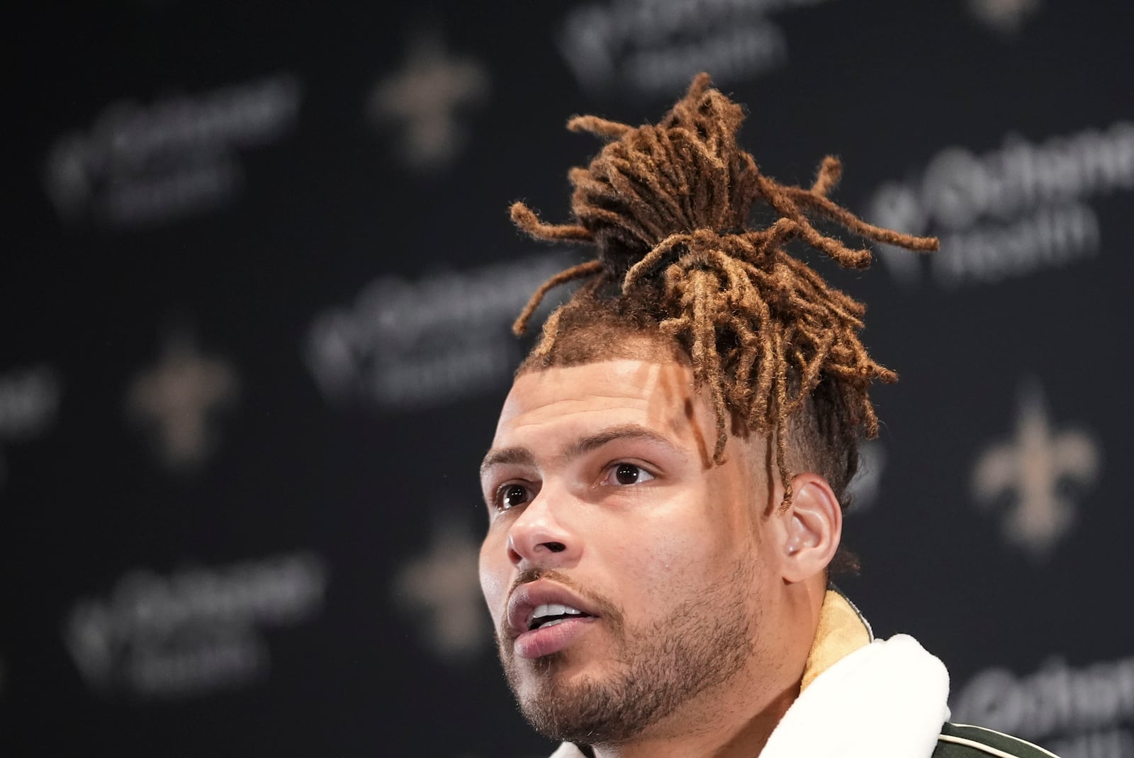 FILE - New Orleans Saints safety Tyrann Mathieu talks to reporters after an NFL football game against the Atlanta Falcons in New Orleans, Nov. 10, 2024. (AP Photo/Gerald Herbert, File)