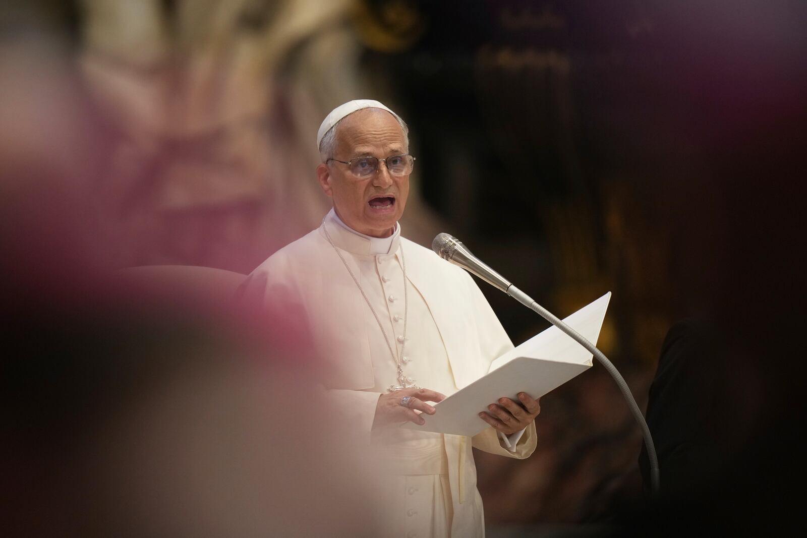 Pope Leo XIV leads a meditation with the participants into the Jubilee of Bishops inside St. Peter's Basilica, at the Vatican, Wednesday, June 25, 2025. (AP Photo/Andrew Medichini)