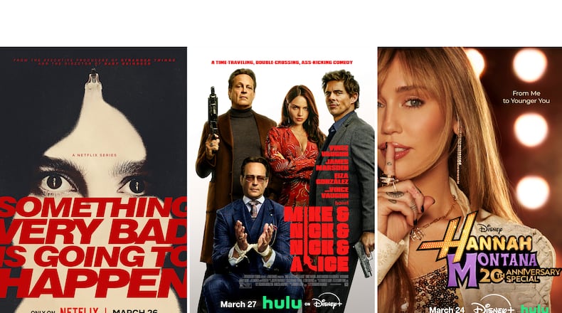 This combination of images shows promotional art for "Something Very Bad is Going to Happen," left, "Mike & Nick & Nick & Alice," center, and "Hannah Montana 20th Anniversary Special." (Netflix/Disney+/Disney+ via AP)