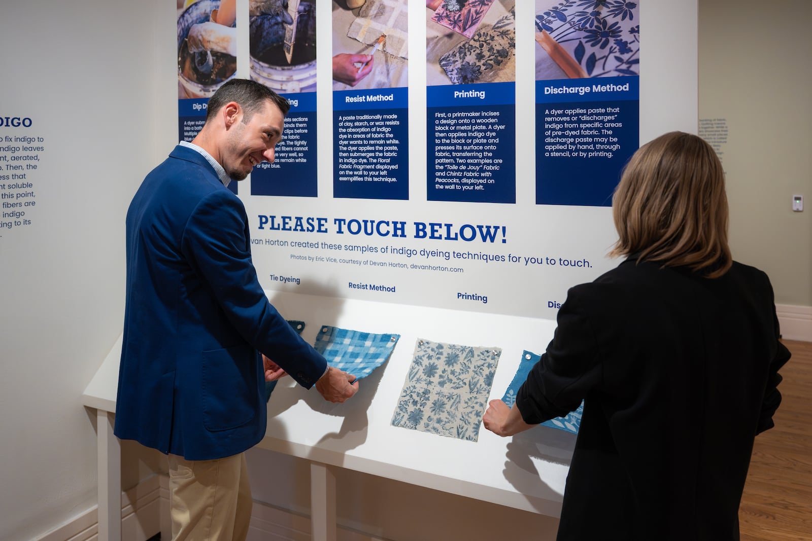 Visitors to the Taft Museum of Art can see and touch samples of various indigo dyeing techniques. They are part of the current quilt exhibit at the Cincinnati Museum. PHIL ARMSTRONG/CONTRIBUTED