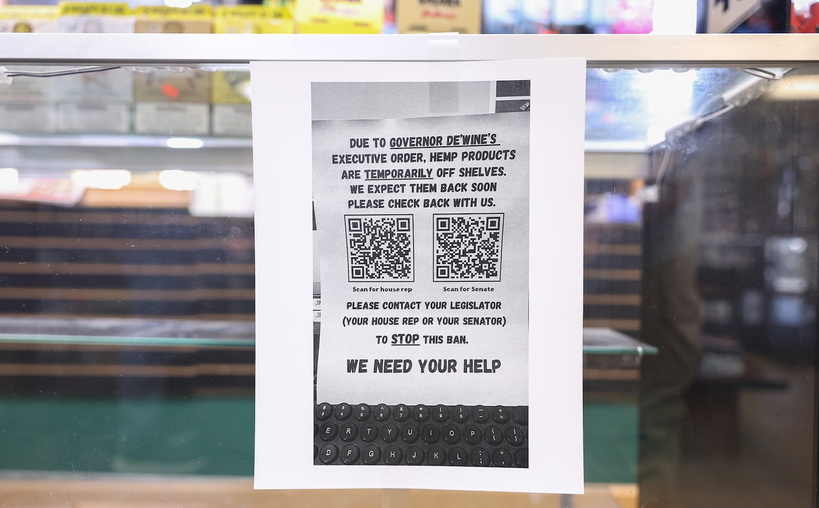 The VIP Smoke Shop in Trotwood had removed hemp THC gummies, pre-rolls and dispoasal vapes from shelves on Tuesday, Oct. 14, as well as an area on the wall that contained CBD products. Gov. Mike DeWine's 90-day ban on intoxicating hemp-derived THC products went into effect on Tuesday. The store posted signs encouraging customers to contact legislators to stop the ban. BRYANT BILLING / STAFF