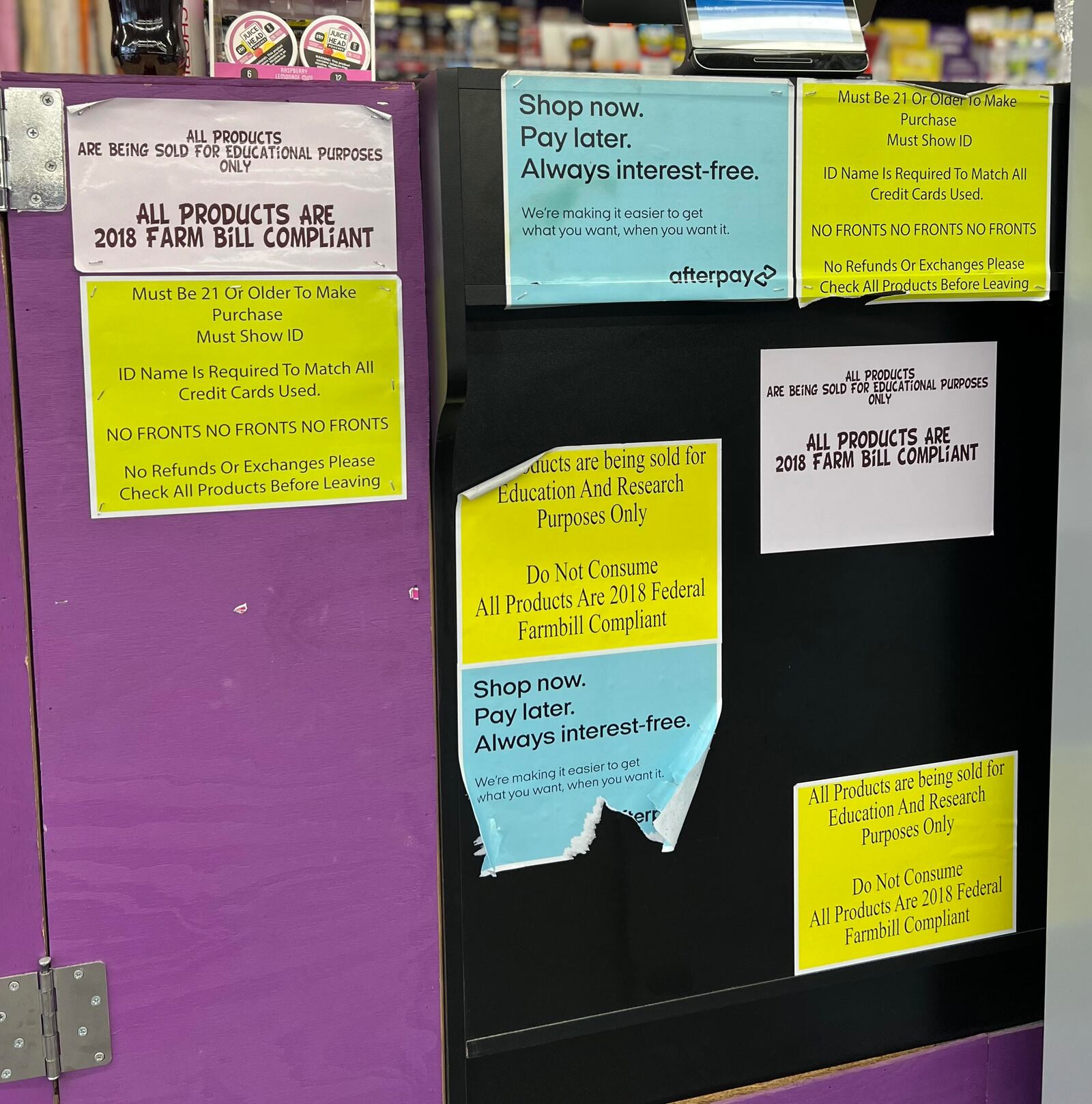 Signs as seen hung in multiple spots at Best Buds Depot in Trotwood. AIMEE HANCOCK/STAFF