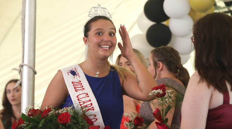 Rebekah Hardacre seems in disbelief after she was crowned the 2022 Clark County Fair Queen Friday, July 22, 2022. BILL LACKEY/STAFF
