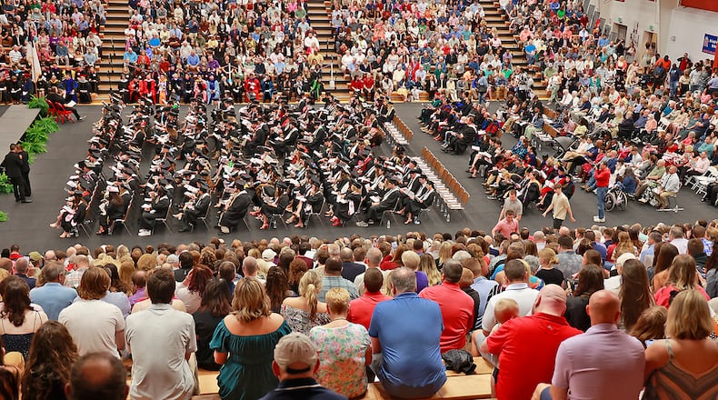 Wittenberg University will celebrate 280 graduates during its 174th commencement ceremony on Saturday at Commencement Hollow. In this file photo, the university held its 2023 Commencement Ceremony indoors for the first time since 2011 in the Pam Evans Smith Arena. FILE/BILL LACKEY/STAFF