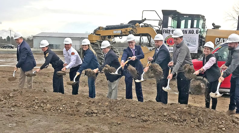 City of Springfield officials held a ground breaking ceremony Thursday, March 14, 2024 for the city's new fire station on South Charleston Pike. Pictured L TO R: Horton Hobbs, Greater Springfield Partnership; Springfield Police Chief Allison Elliott; Springfield Fire Chief Jacob King; City Commissioner Tracey Tackett; Assistant Mayor Dr. David Estrop; Mayor Rob Rue; City Manager Bryan Heck; Fire Fighters Union 333 President Kevin Sanders; City Project Manager Juli Springer and Deputy Director of Public Safety and Operations Jason Via. PHOTO By Vicky Forrest