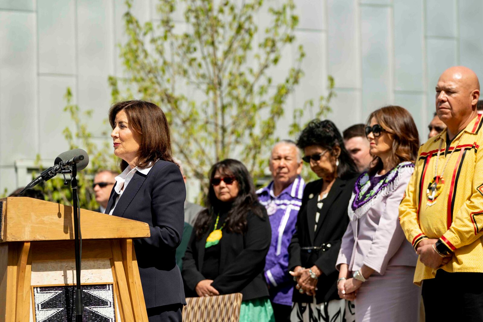 New York Gov. Kathy Hochul issues a formal apology on behalf of New York State for its role in operating the Thomas Indian School, Tuesday,May 20, 2025, outside the William Seneca Administration Building in Irving, N.Y. (Libby March/The Buffalo News via AP)