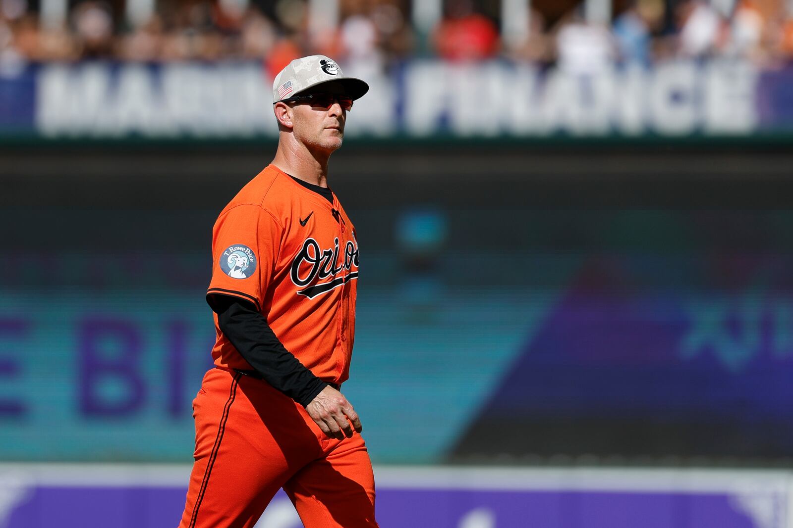 Baltimore Orioles interim manager Tony Mansolino walks off the field after removing pitcher Kyle Gibson during the first inning of a baseball game against the Washington Nationals in Baltimore, Saturday, May 17, 2025. (AP Photo/Terrance Williams)