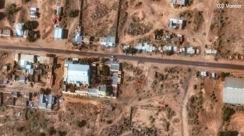 This satellite image from Vantor shows a trench experts suspect of being a mass grave being dug near a former children's hospital held by the paramilitary Rapid Support Forces in el-Fasher, Sudan, Sunday, Nov. 2, 2025. (©2025 Vantor via AP)
