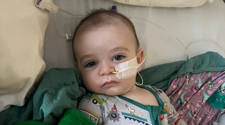 This March 2025 photo provided by Amy Mazziotti shows Hank Mazziotti, 8 months, being treated for infant botulism in Los Angeles. (Amy Mazziotti via AP)