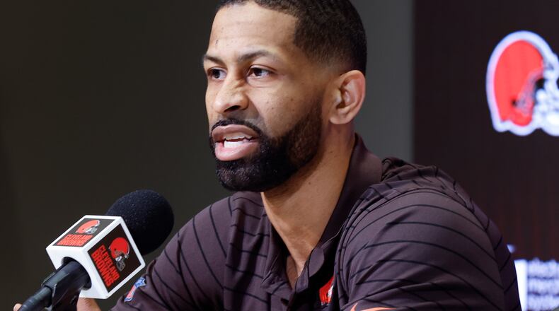 Cleveland Browns general manager Andrew Berry speaks during a news conference where Deshaun Watson was introduced at the NFL football team's training facility, Friday, March 25, 2022, in Berea, Ohio. (AP Photo/Ron Schwane)
