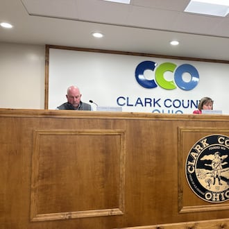 Clark County commissioners Charles Patterson (left), President Sasha Rittenhouse (middle) and Melanie Flax Wilt during the Nov. 5 meeting. Brooke Spurlock/Staff