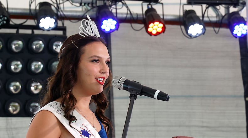 Rebekah Hardacre, the 2022 Clark County Fair Queen, gives her farewell address during the 2023 contest Friday, July 21, 2023. BILL LACKEY/STAFF