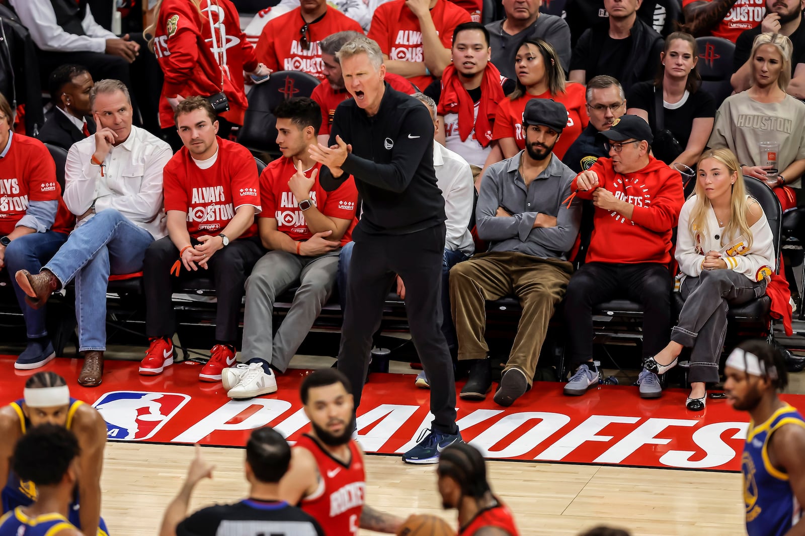 Warriors head coach Steve Kerr instructs his players in Game 5 of the First Round of the NBA Playoffs against Houston Rockets at Toyota Center in Houston, Texas on Wednesday, April 30, 2025. (Carlos Avila Gonzalez/San Francisco Chronicle via AP)
