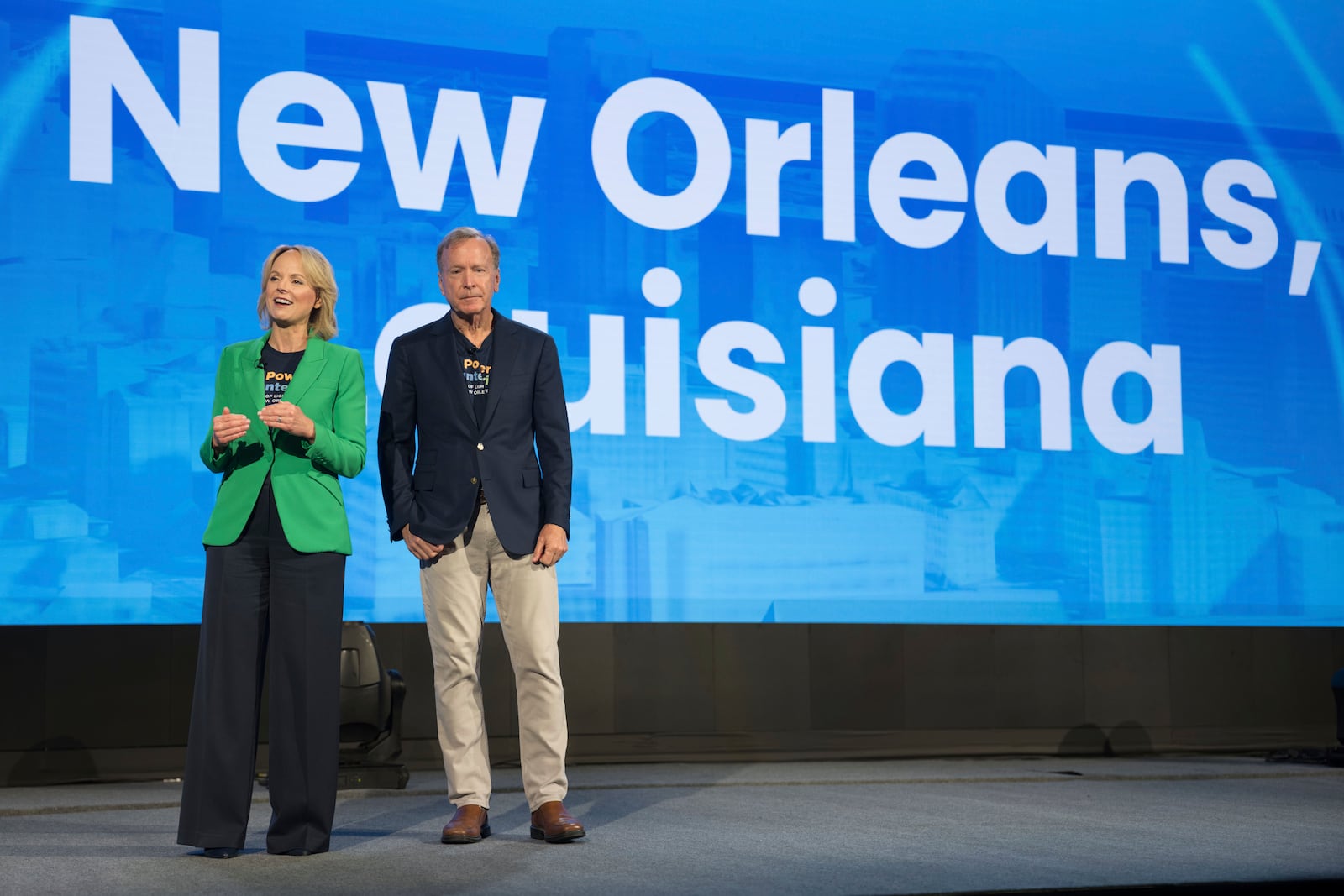 Points of Light president and CEO Jennifer Sirangelo, left, and Neil Bush, chair, speak at the 2025 Points of Light Conference in New Orleans, Friday, June 6, 2025. (AP Photo/Matthew Hinton)