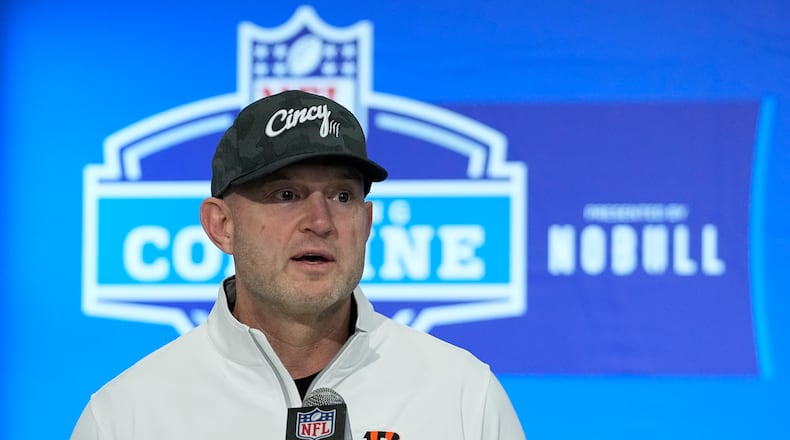 Cincinnati Bengals director of player personnel Duke Tobin speaks during a news conference at the NFL football scouting combine, Tuesday, Feb. 27, 2024, in Indianapolis. (AP Photo/Darron Cummings)