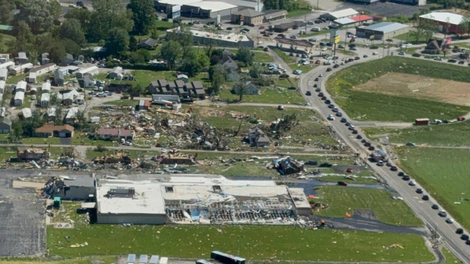 This aerial photo provided by London, KY Mayor Randall Weddle shows damage from severe weather in London, Ky., on Saturday, May 17, 2025. (City of London, Ky. via AP)