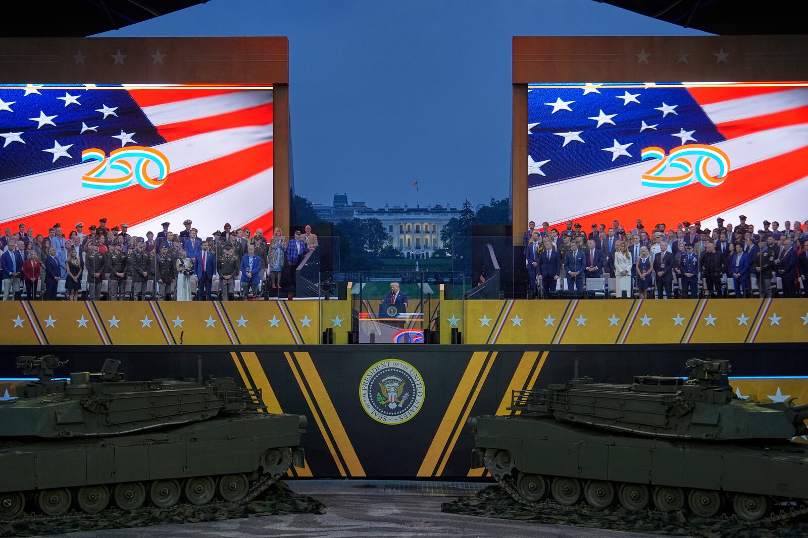 President Donald Trump speaks during a military parade commemorating the Army's 250th anniversary Saturday, June 14, 2025, in Washington. (AP Photo/Julia Demaree Nikhinson)