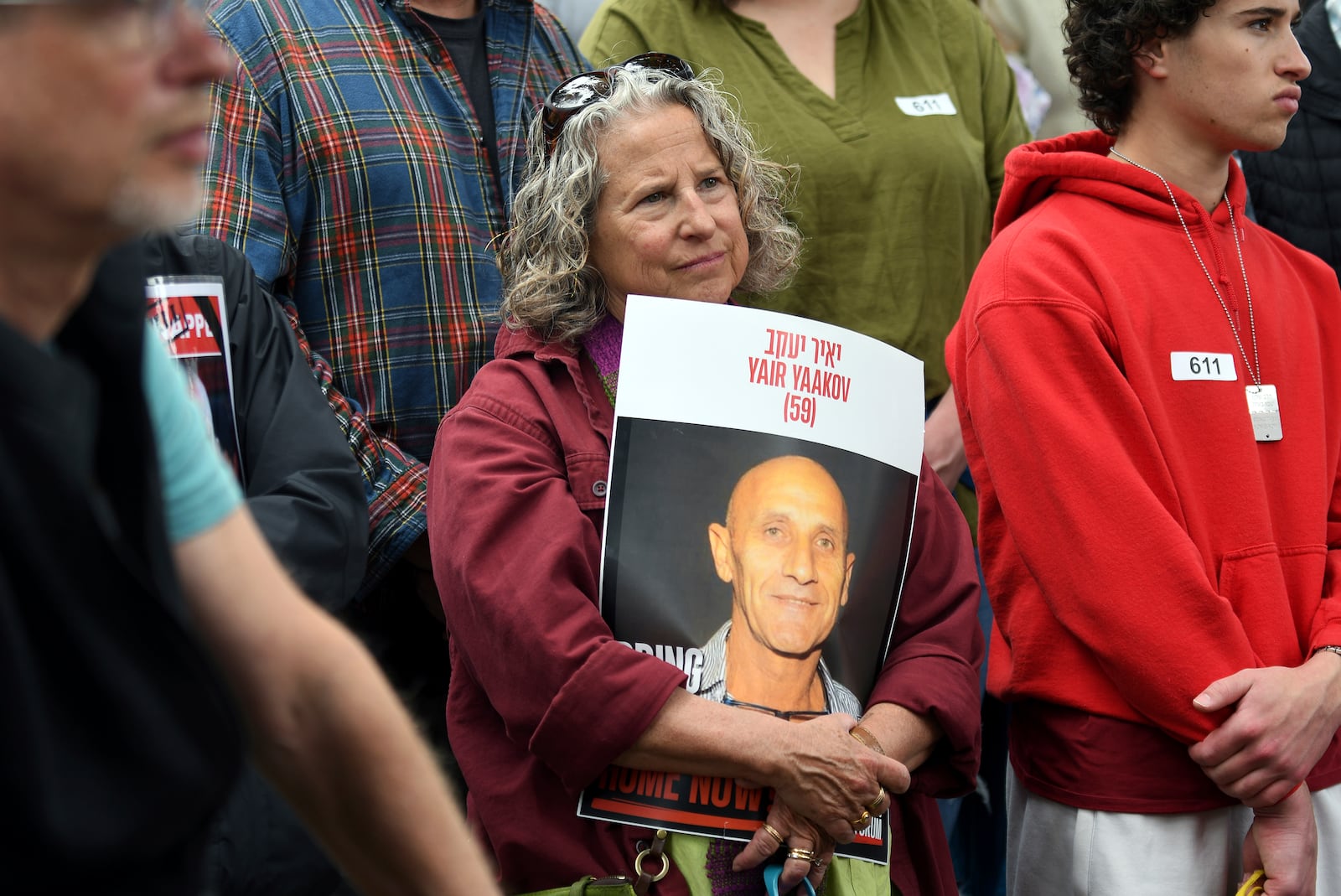 Shari Edelstein shows her support for the hostages held in Gaza during the Boulder Jewish Festival in Boulder, Colo., on Sunday, June 8, 2025. (AP Photo/Thomas Peipert)