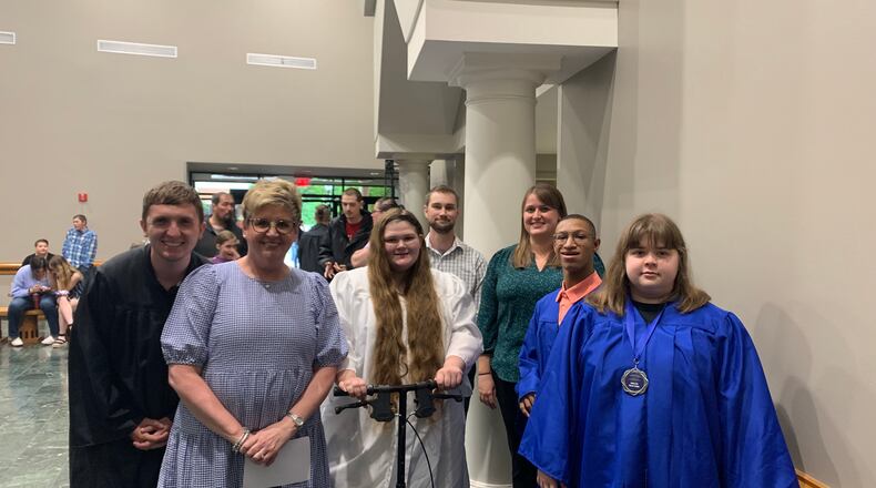 Mercy Health - Springfield celebrates 2022 Project SEARCH graduates. From left to right: Braden Griffith, intern; Jeana Baucant-Koon, instructor; Rebecca Self, intern; EJ Loewer, job coach; Alex Wright, job coach; Kamarion Knox, intern; and Sara Reed, intern. Contributed