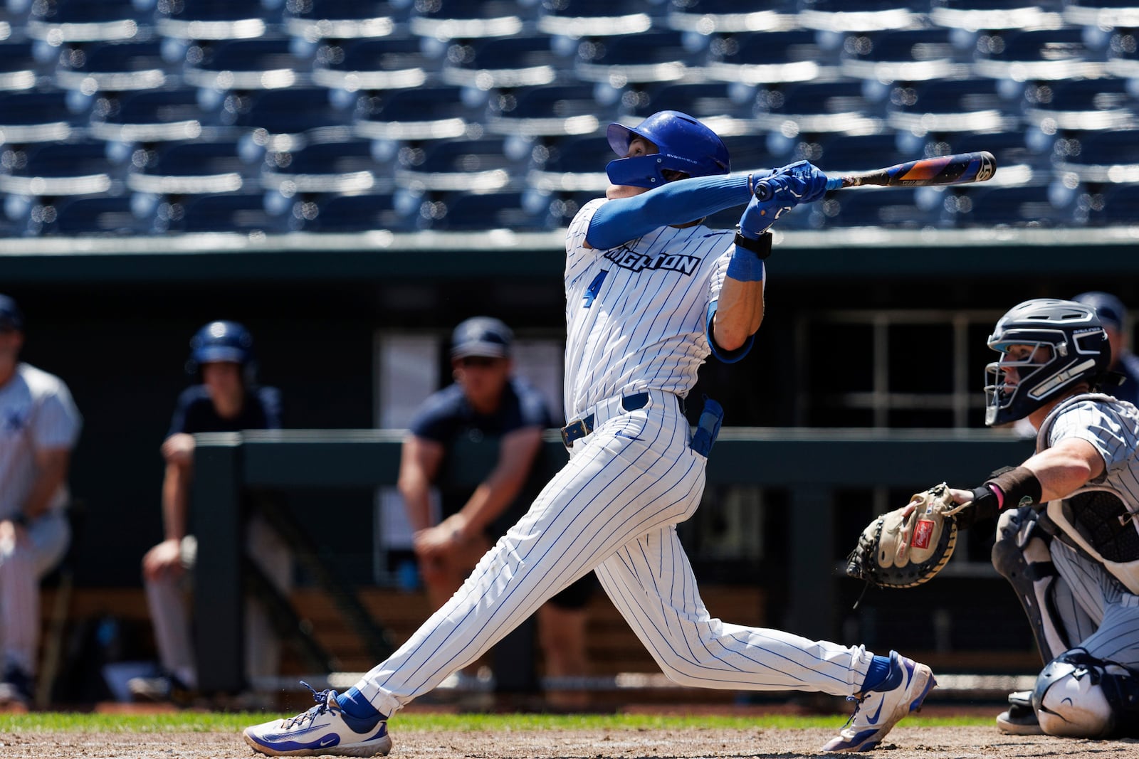 Creighton's Teddy Deters (4) connects during the eighth inning of an NCAA college baseball game against Xavier, Sunday, May 11, 2025, in Omaha, Neb. (Nikos Frazier/Omaha World-Herald via AP)