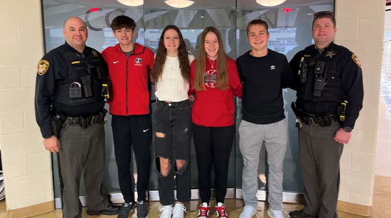 Tecumseh High School launched the Students Against Destructive Decisions (SADD) Club, which is aimed at promoting safety and responsible decision-making. In this photo is School Resource Officer Deputy Loney, club officers Brycen Dixon, Alivia Snider, Sammy Russell and Evan Samosky, and School Resource Officer Deputy Dillon. Contributed