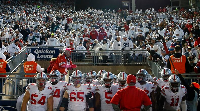 STATE COLLEGE, PA - OCTOBER 22:  The Ohio State Buckeyes wait to take the field during the game against the Penn State Nittany Lions on October 22, 2016 at Beaver Stadium in State College, Pennsylvania.  (Photo by Justin K. Aller/Getty Images)