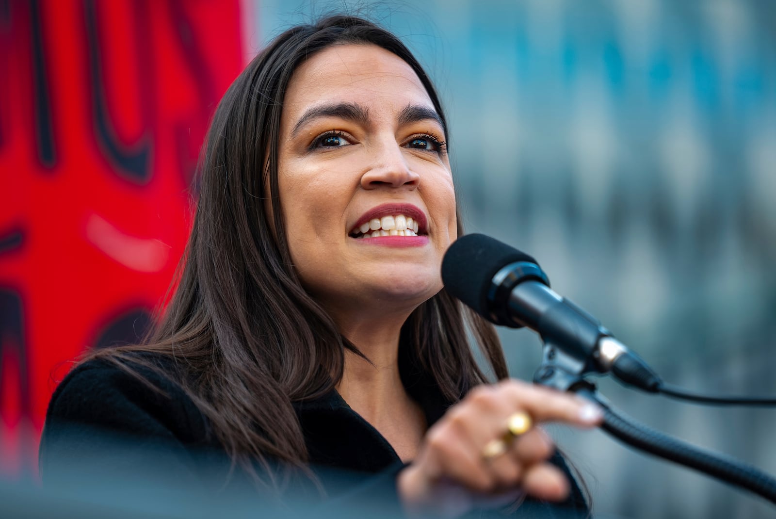 Rep. Alexandria Ocasio-Cortez (D-N.Y.) speaks at the NYCLU's May Day rally for worker's and immigrants rights at Foley Square, Thursday, May 1, 2025, in New York. (AP Photo/Angelina Katsanis)