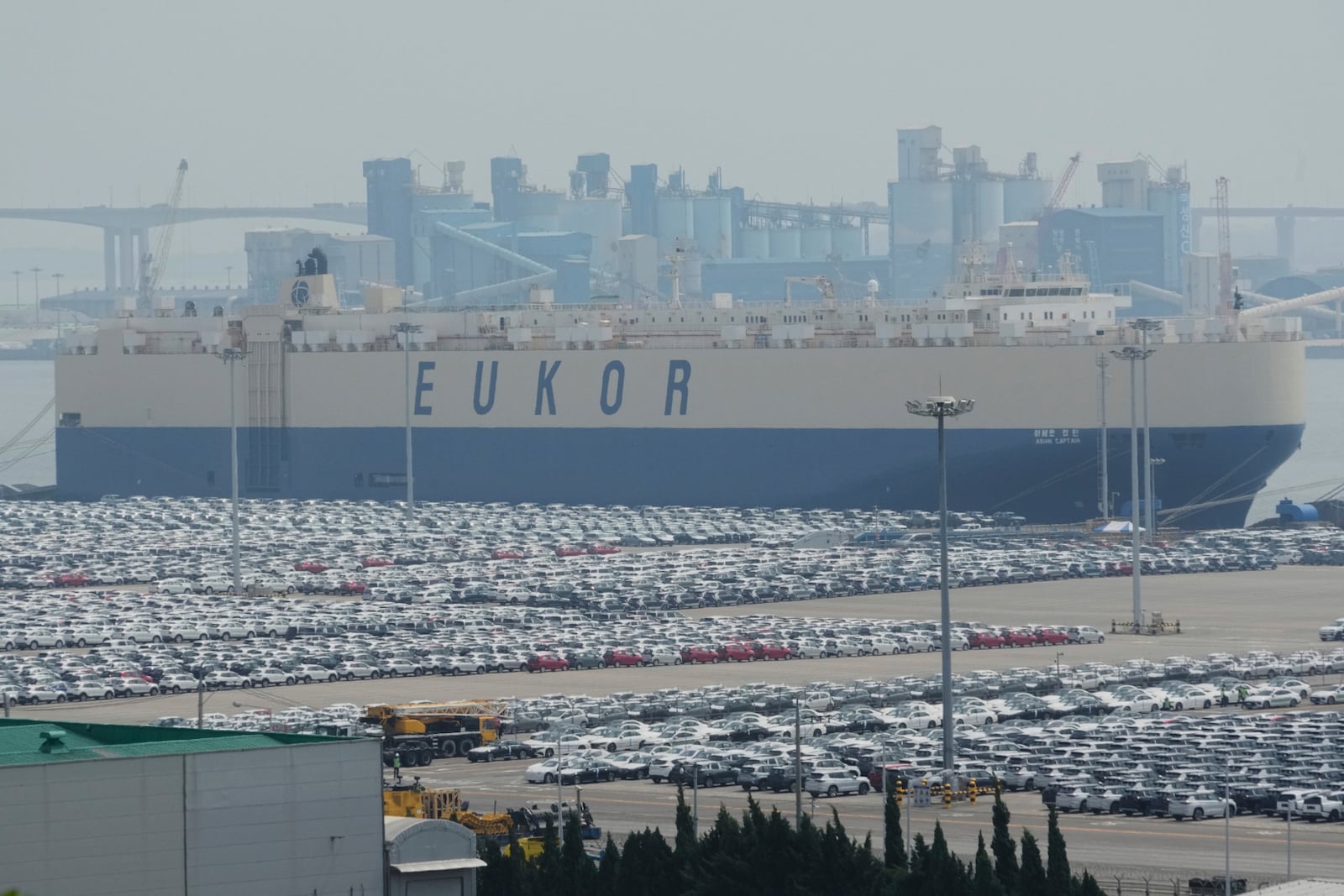 Vehicles for export are parked at a port in Pyeongtaek, South Korea, Tuesday, July 8, 2025. (AP Photo/Ahn Young-joon)