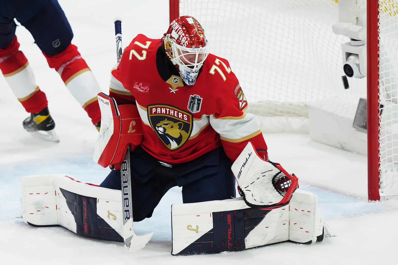 Florida Panthers goalie Sergei Bobrovsky (72) makes a save against the Edmonton Oilers during the third period in Game 4 of the NHL hockey Stanley Cup Final in Sunrise, Fla., Thursday, June 12, 2025. (Nathan Denette/The Canadian Press via AP)