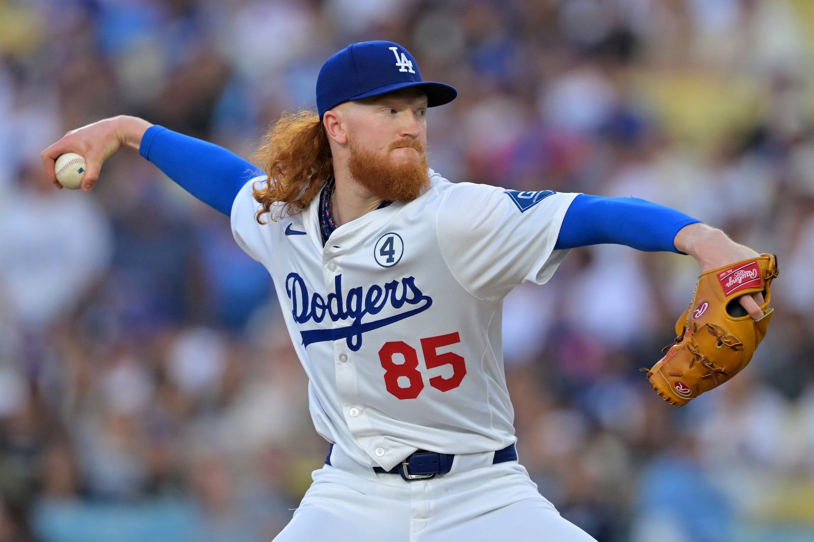 Los Angeles Dodgers starting pitcher Dustin May delivers to the plate during the first inning of a baseball game against the New York Mets, Monday, June 2, 2025, in Los Angeles. (AP Photo/Jayne Kamin-Oncea)