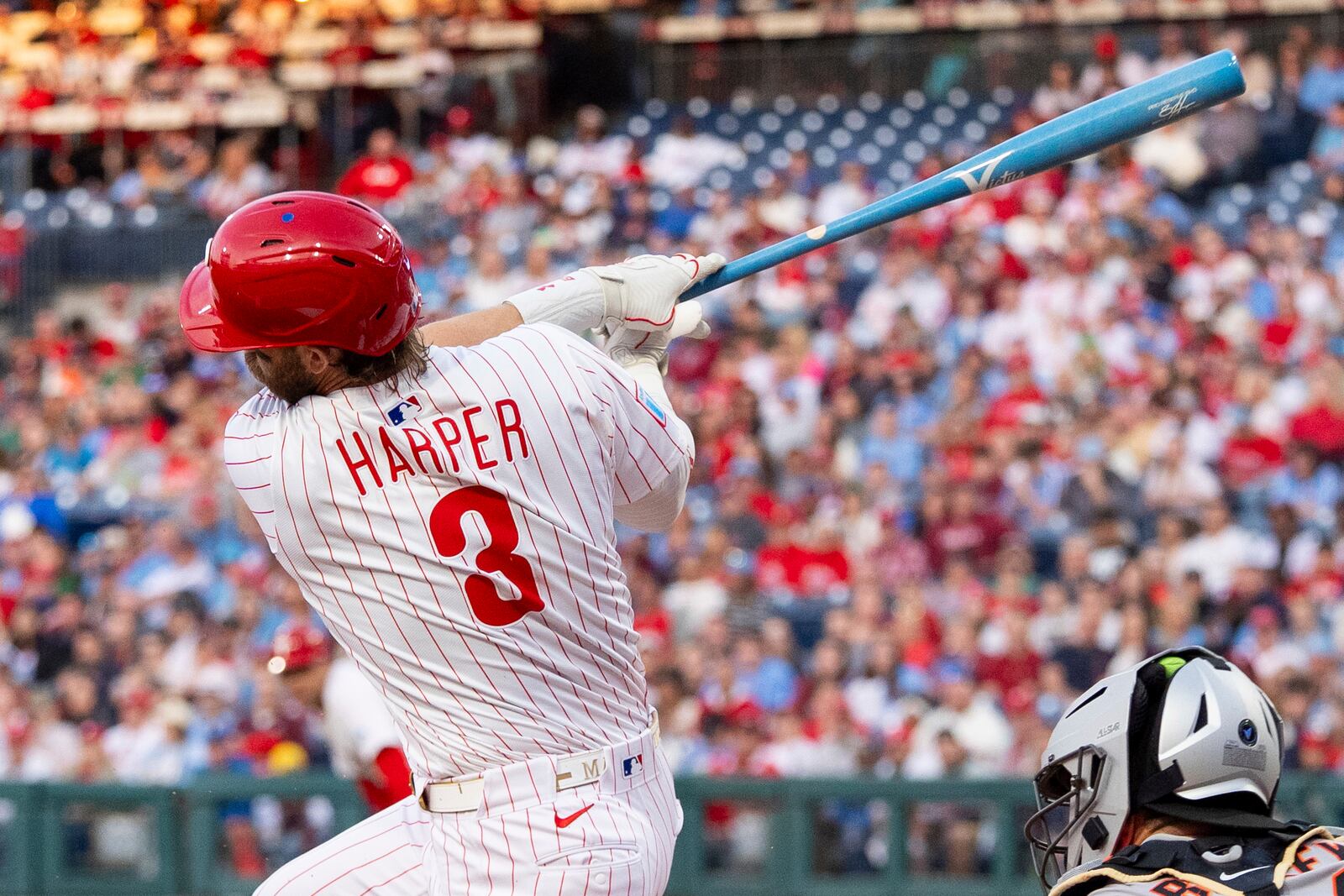 Philadelphia Phillies' Bryce Harper (3) takes an at-bat during the first inning of a baseball game against the San Francisco Giants, Monday, April 14, 2025, in Philadelphia. (AP Photo/Chris Szagola)